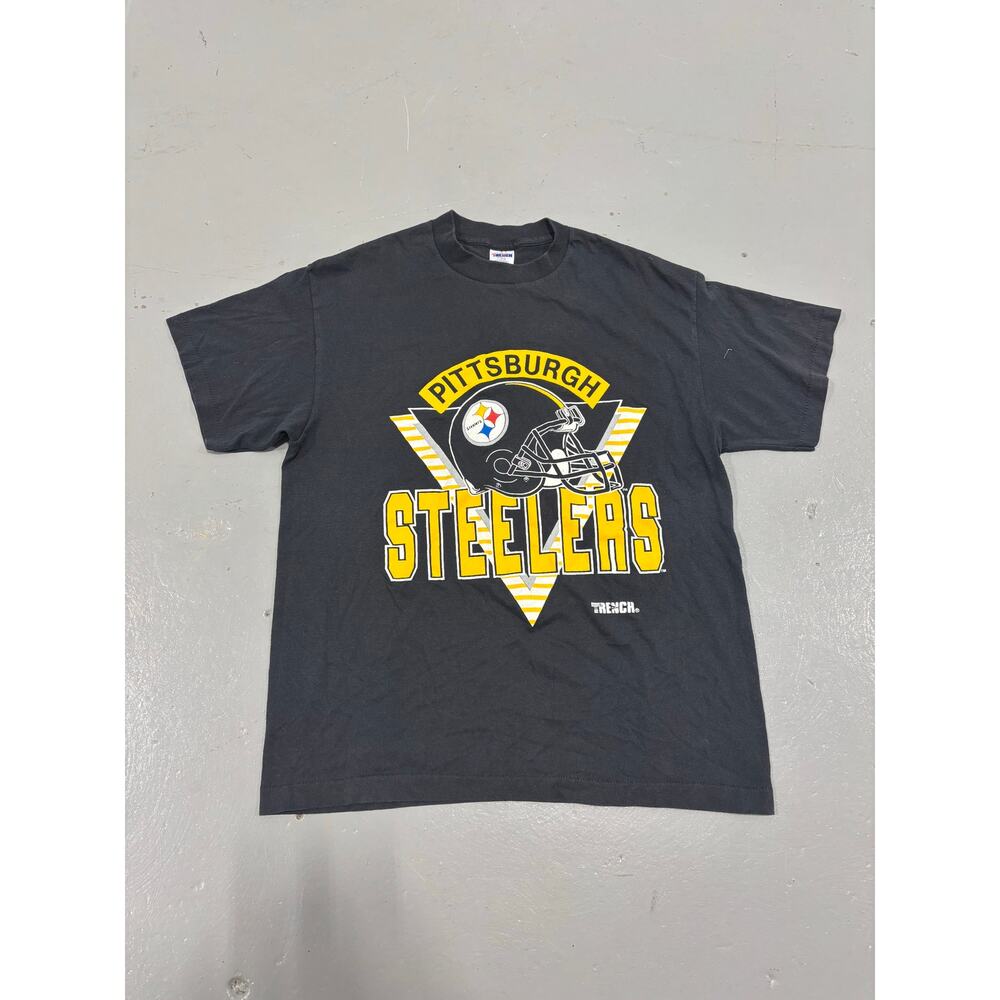 VTG 90s Pittsburgh Steelers T-Shirt L Trench Single Stitch NFL Helmet Logo Black